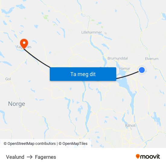 Vealund to Fagernes map