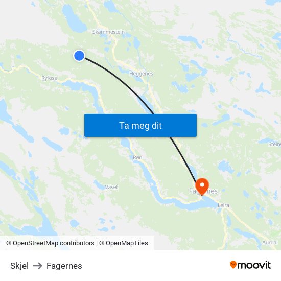 Skjel to Fagernes map