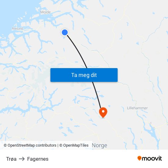 Trøa to Fagernes map