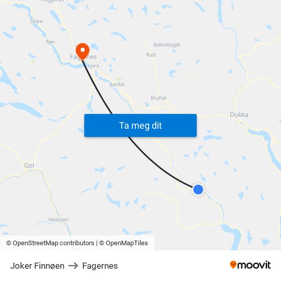 Joker Finnøen to Fagernes map