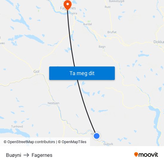 Buøyni to Fagernes map