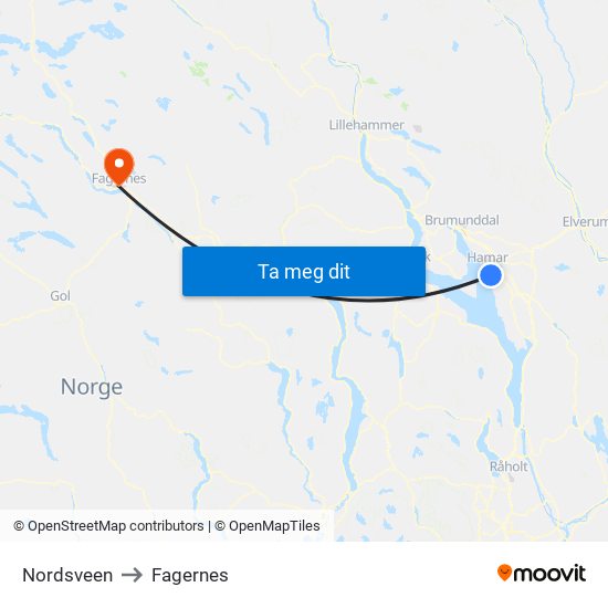 Nordsveen to Fagernes map