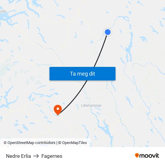 Nedre Erlia to Fagernes map
