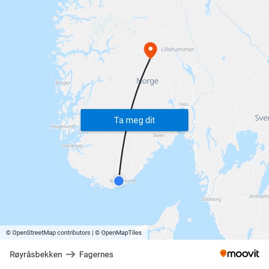 Røyråsbekken to Fagernes map