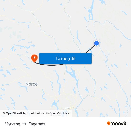Myrvang to Fagernes map