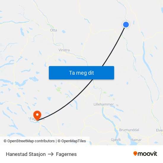 Hanestad Stasjon to Fagernes map
