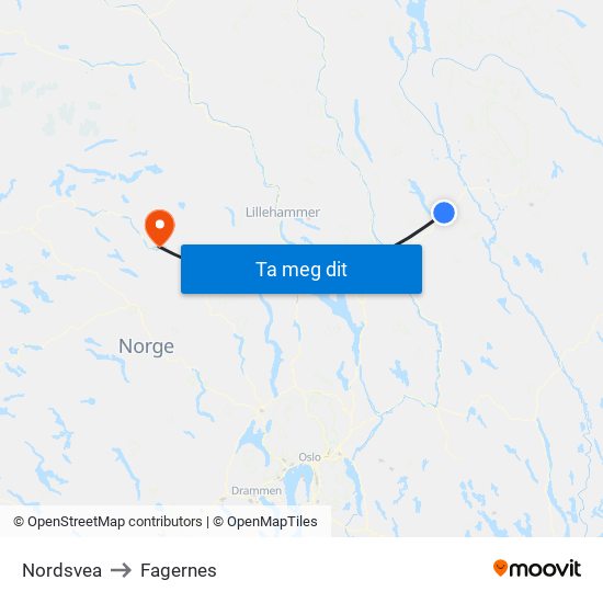 Nordsvea to Fagernes map
