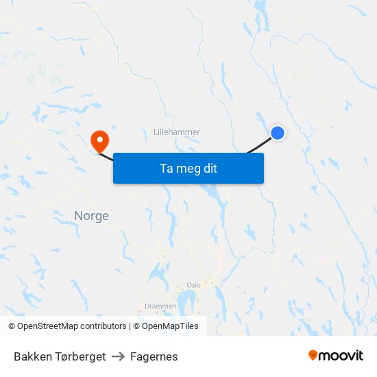 Bakken Tørberget to Fagernes map
