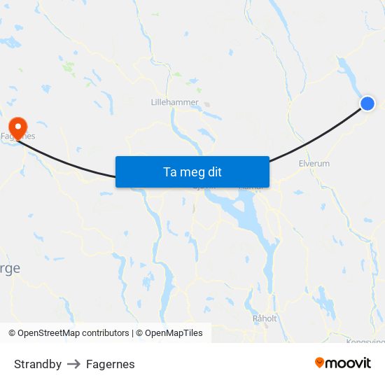 Strandby to Fagernes map