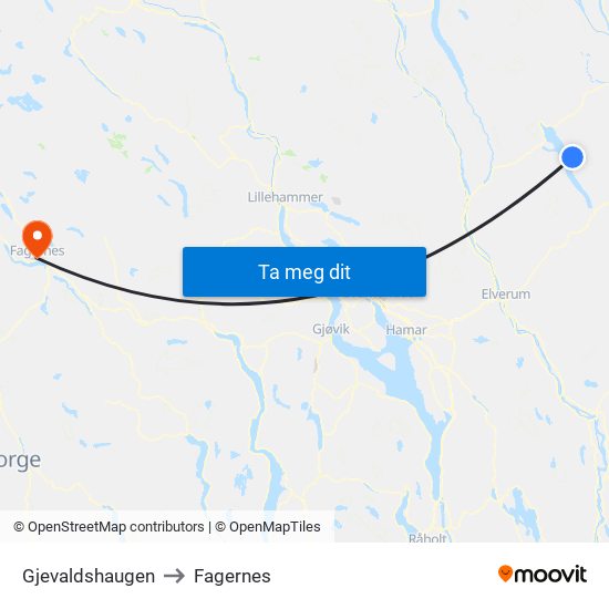 Gjevaldshaugen to Fagernes map