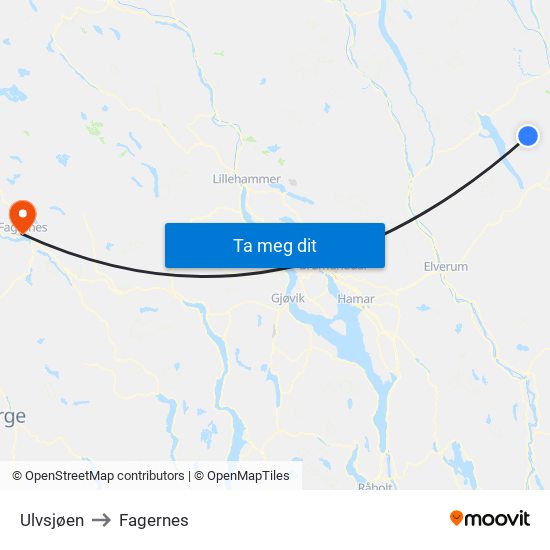 Ulvsjøen to Fagernes map