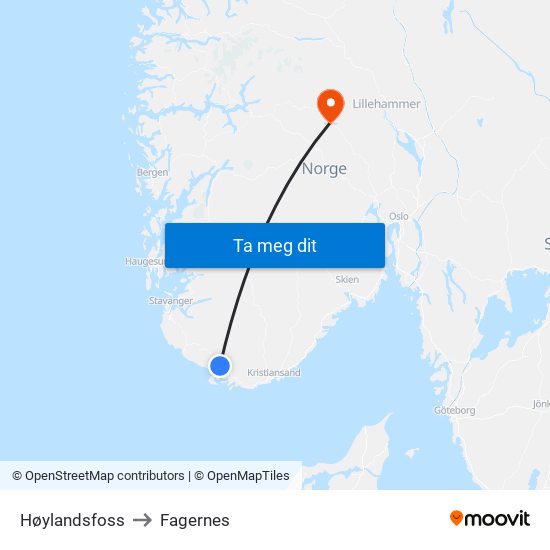Høylandsfoss to Fagernes map