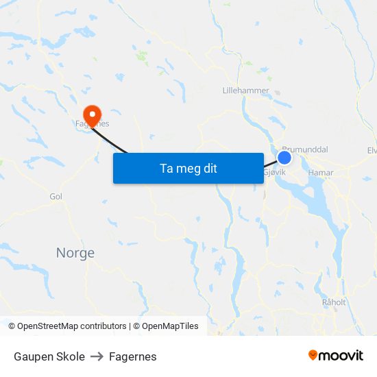 Gaupen Skole to Fagernes map