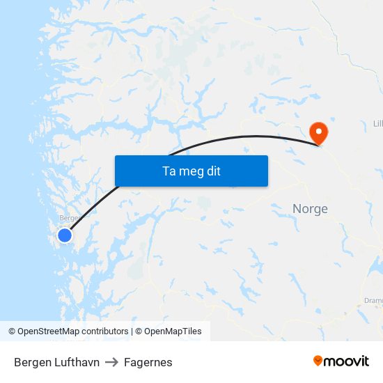Bergen Lufthavn to Fagernes map