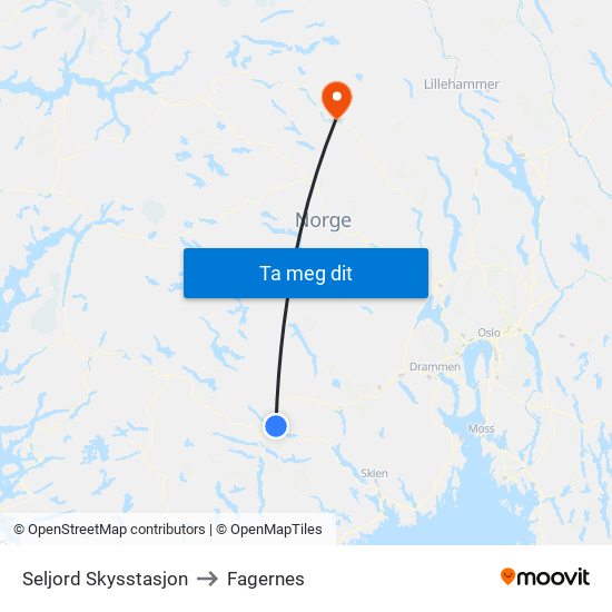 Seljord Skysstasjon to Fagernes map