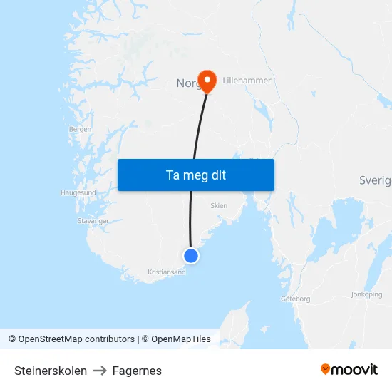 Steinerskolen to Fagernes map