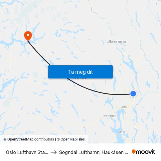Oslo Lufthavn Stasjon to Sogndal Lufthamn, Haukåsen (SOG) map