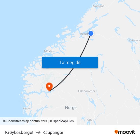 Krøykesberget to Kaupanger map