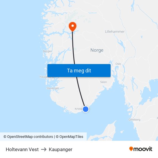 Holtevann Vest to Kaupanger map