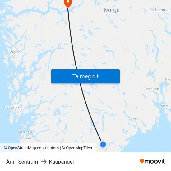 Åmli Sentrum to Kaupanger map