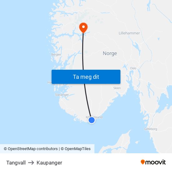 Tangvall to Kaupanger map