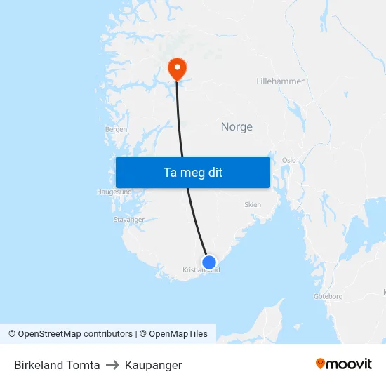 Birkeland Tomta to Kaupanger map