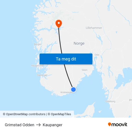 Grimstad Odden to Kaupanger map
