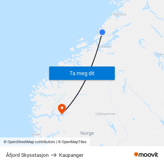 Åfjord Skysstasjon to Kaupanger map