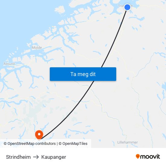 Strindheim to Kaupanger map