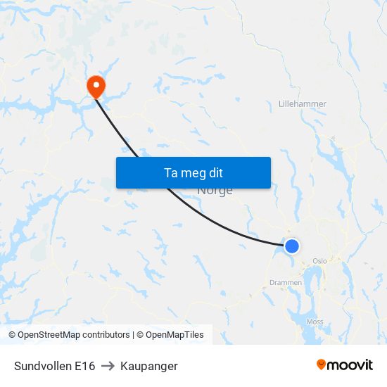 Sundvollen E16 to Kaupanger map