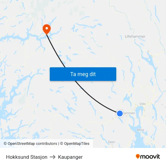 Hokksund Stasjon to Kaupanger map