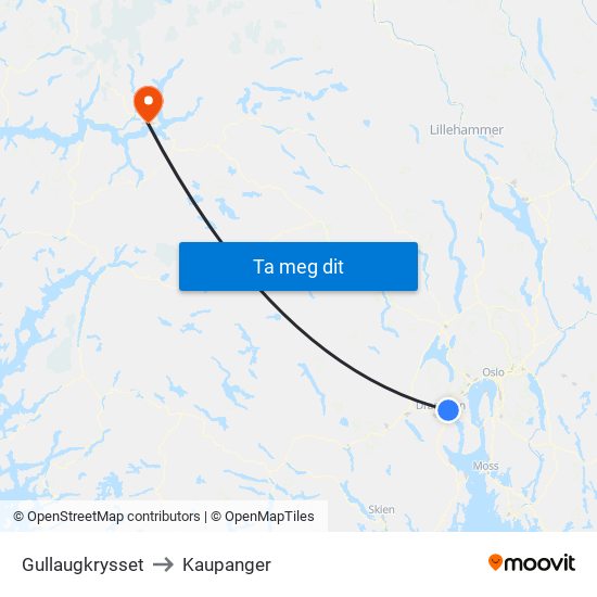 Gullaugkrysset to Kaupanger map
