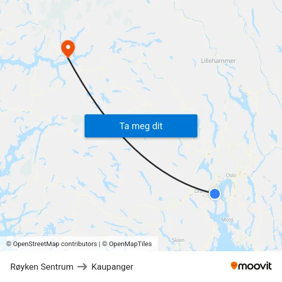 Røyken Sentrum to Kaupanger map