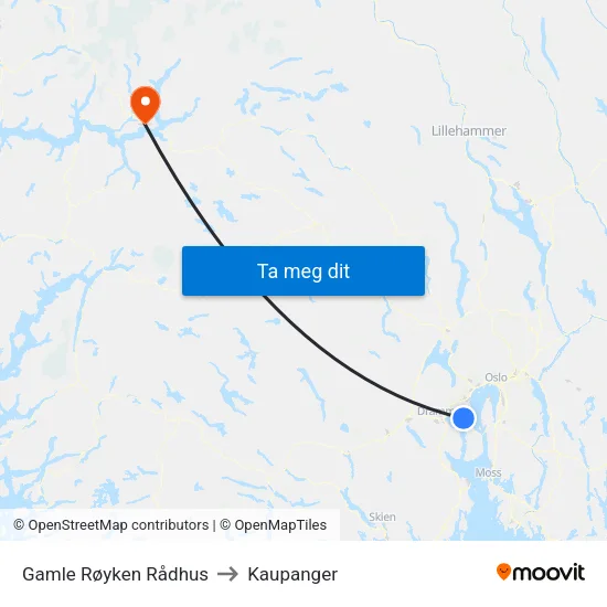 Gamle Røyken Rådhus to Kaupanger map