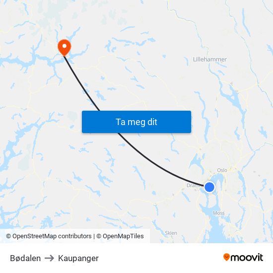 Bødalen to Kaupanger map