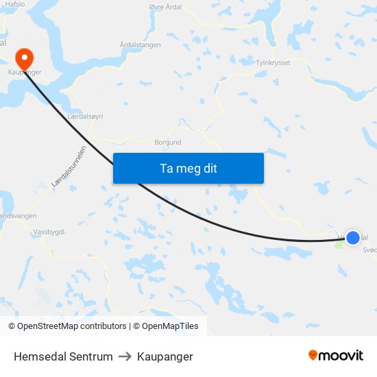 Hemsedal Sentrum to Kaupanger map