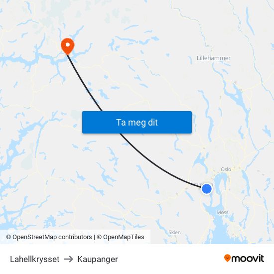 Lahellkrysset to Kaupanger map