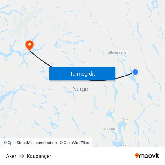 Åker to Kaupanger map