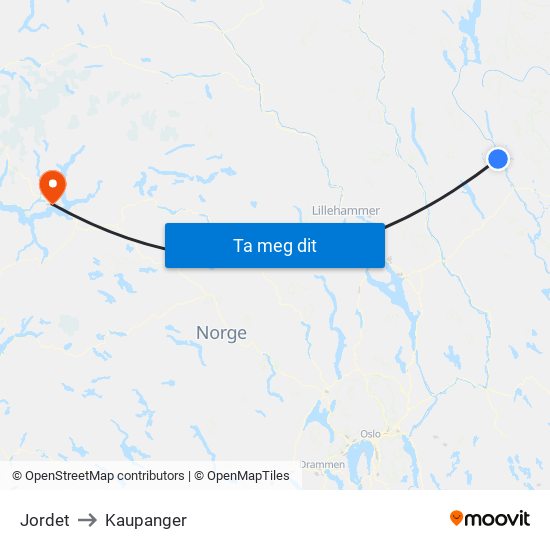 Jordet to Kaupanger map