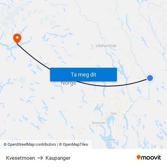 Kvesetmoen to Kaupanger map