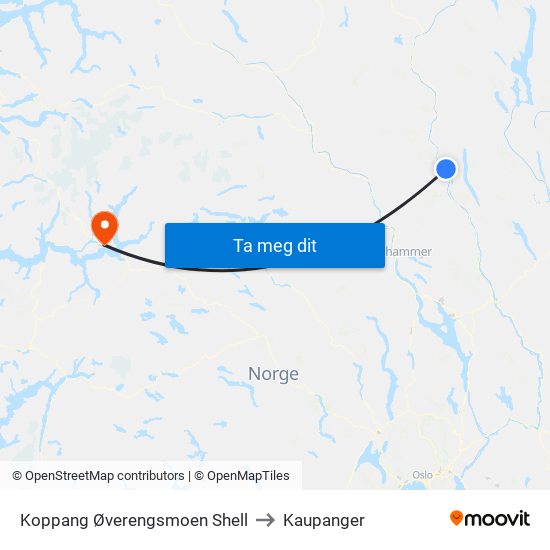Koppang Øverengsmoen Shell to Kaupanger map