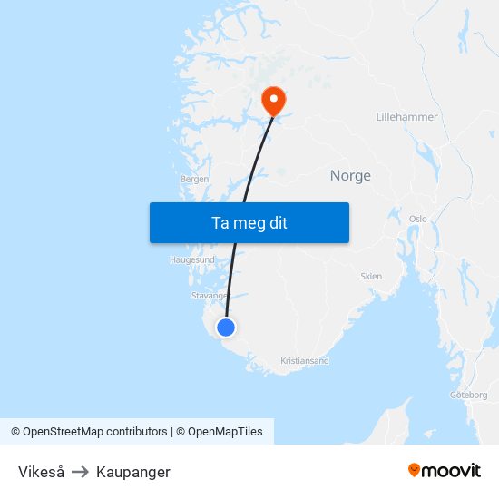 Vikeså to Kaupanger map