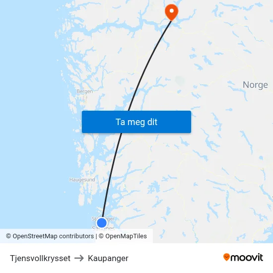 Tjensvollkrysset to Kaupanger map