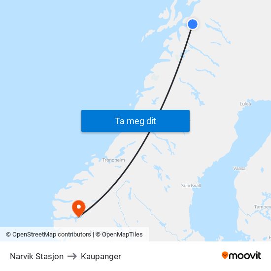 Narvik Stasjon to Kaupanger map