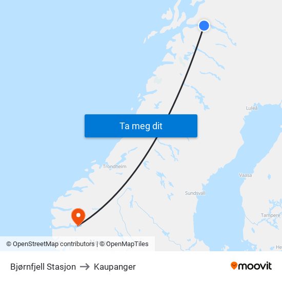 Bjørnfjell Stasjon to Kaupanger map