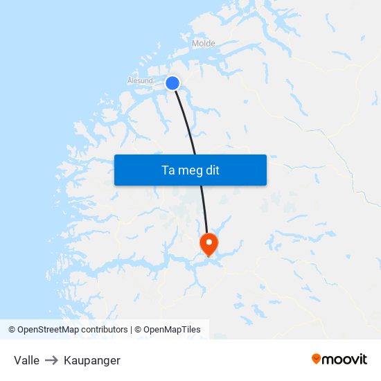 Valle to Kaupanger map