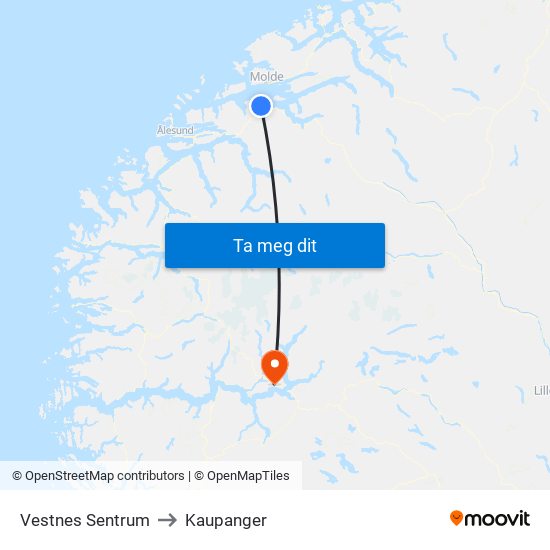 Vestnes Sentrum to Kaupanger map