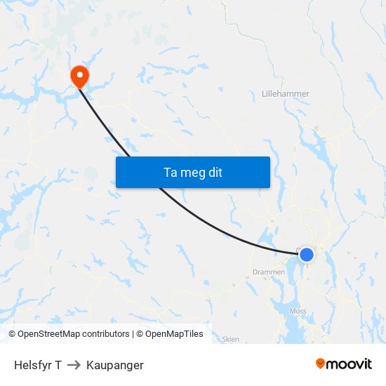Helsfyr T to Kaupanger map