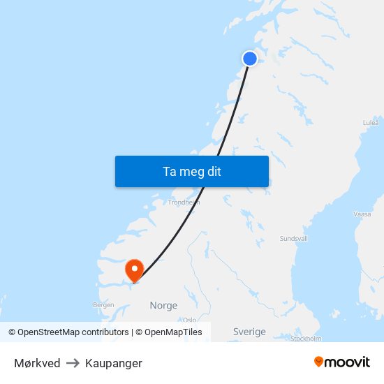 Mørkved to Kaupanger map