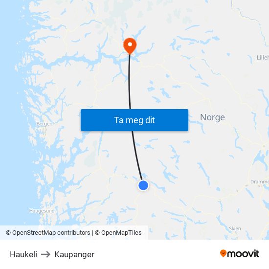 Haukeli to Kaupanger map
